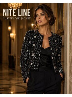 VTG 80/90s Nite Line 100% Silk Beaded Sequined Jacket Black White S